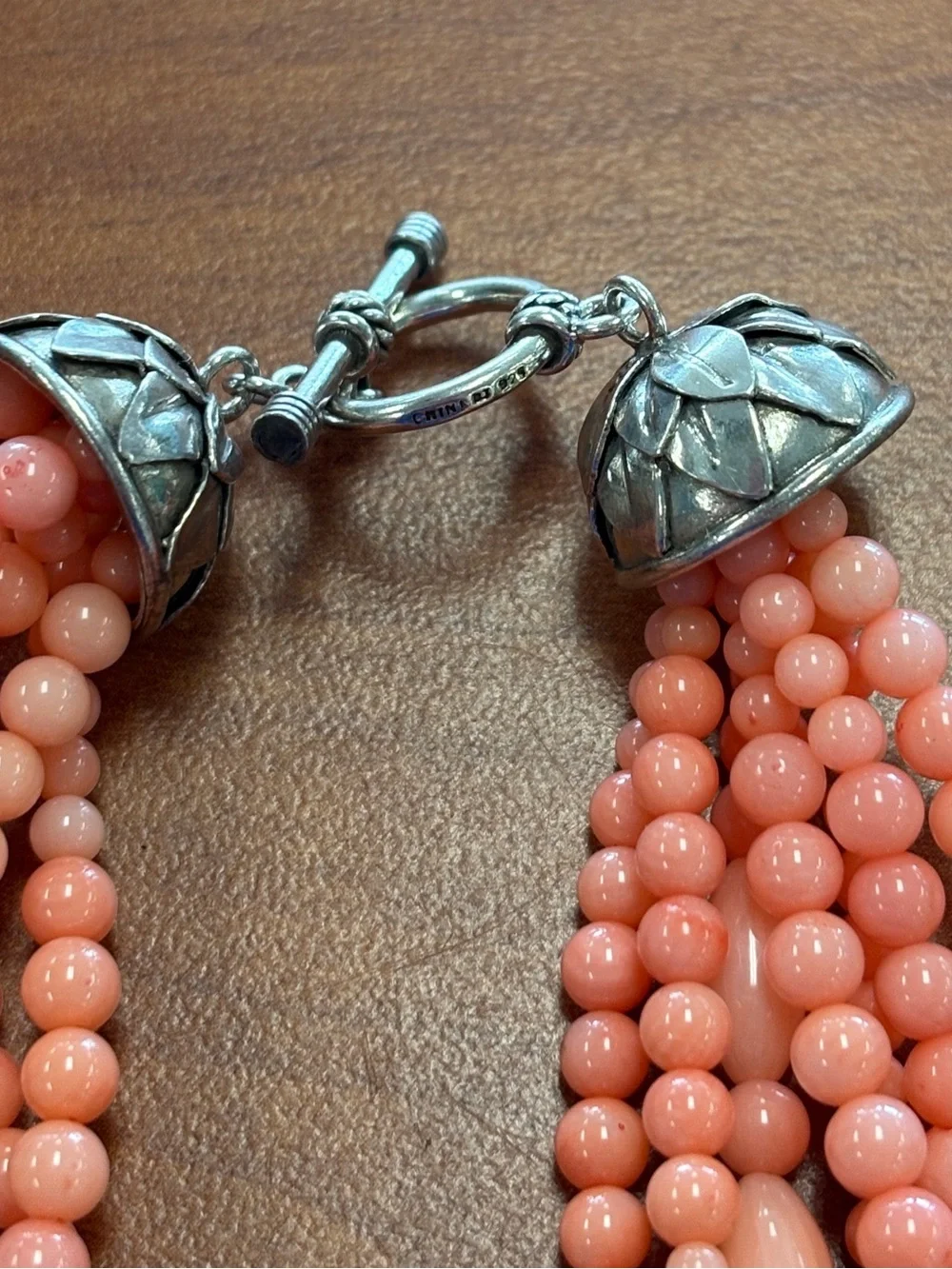 925 Sterling Silver Signed BJ Multi-Strand Salmon Coral Pink Bead Necklace